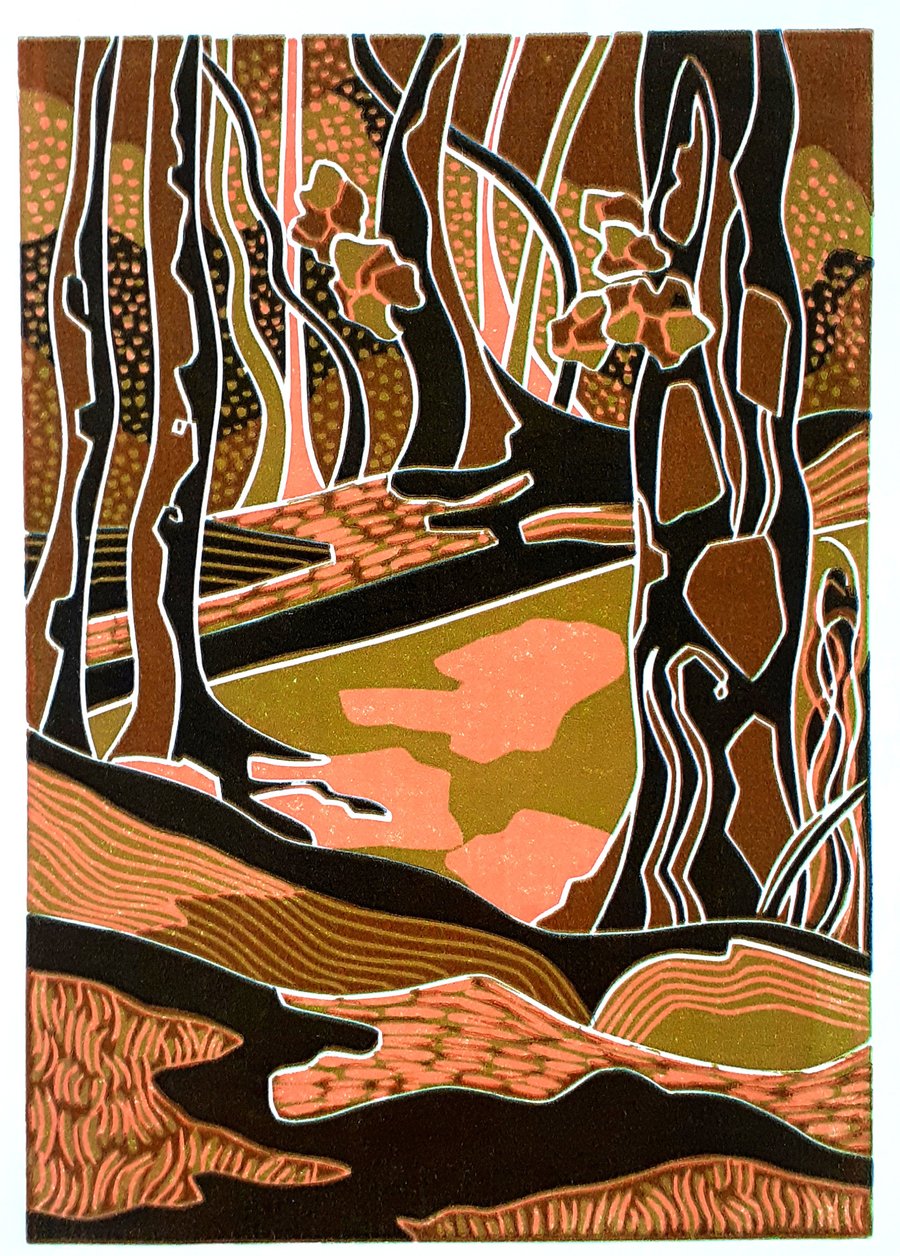`Autumnal` - a woodland linocut.