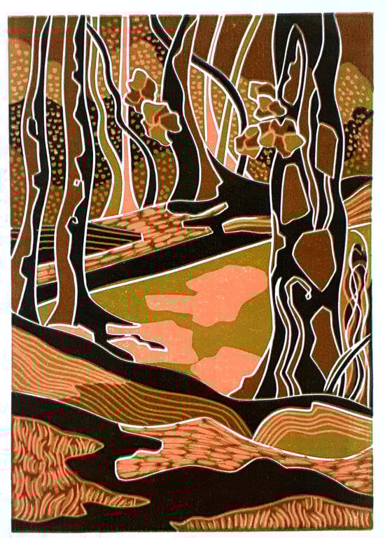 `Autumnal` - a woodland linocut.