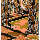 `Autumnal` - a woodland linocut.