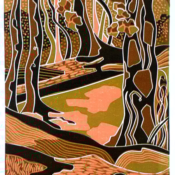 `Autumnal` - a woodland linocut.