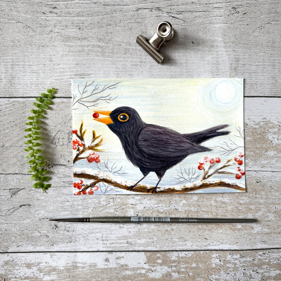 Original Blackbird Painting - Winter Gouache Painting - One of a kind