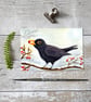 Original Blackbird Painting - Winter Gouache Painting - One of a kind