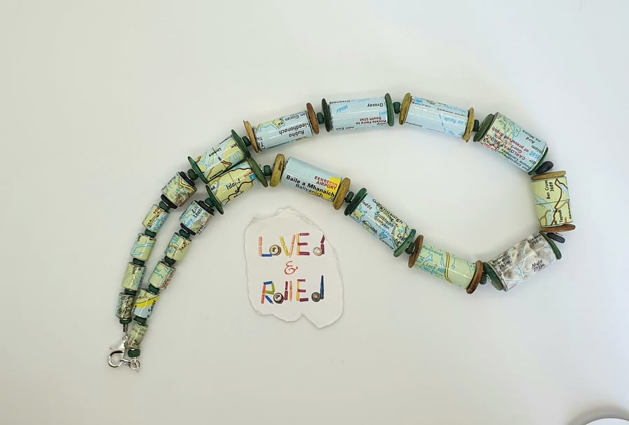 Paper beaded necklace made of an old map of the Western Isles