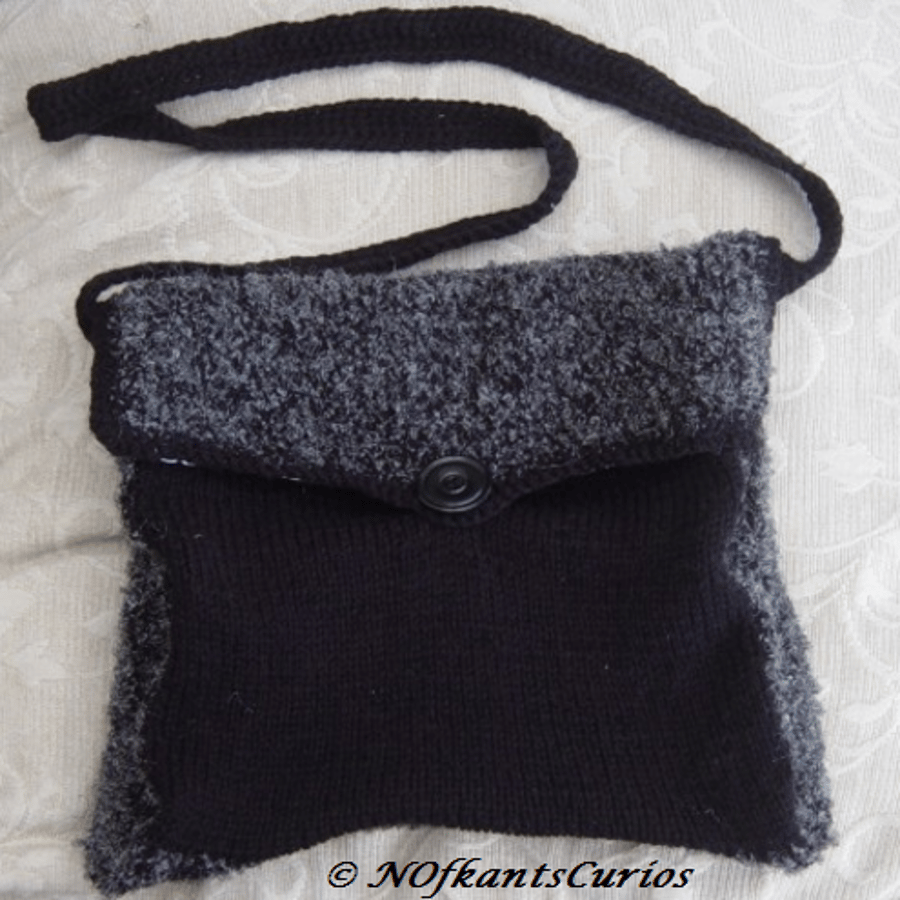 Funky Satchel: Hand Knitted Handbag with Crocheted Shoulder Strap.