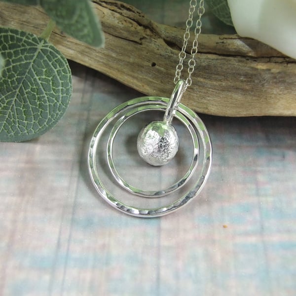 Circles Necklace. Recycled Sterling Silver Pebble & Circles Fidget Pendant