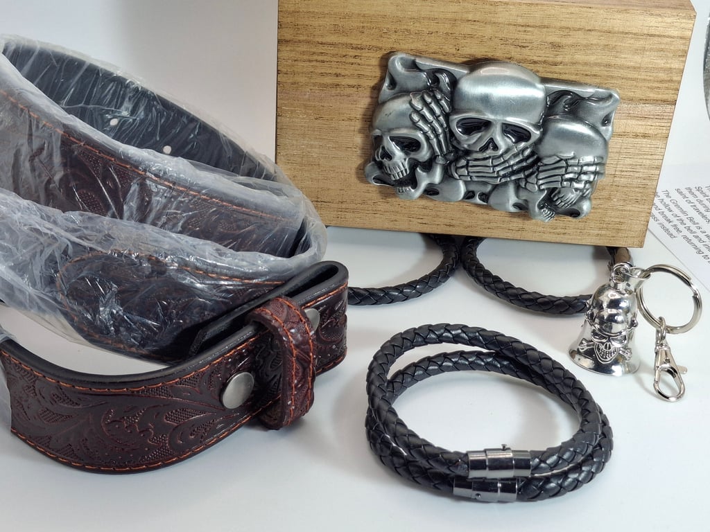 Bikers Gift BoX Bikers Bell Gremlin Bell, Mans Belt and Buckle, Bracelets