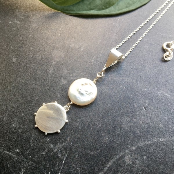 Coin Pearl & Beaded Silver Disc Necklace