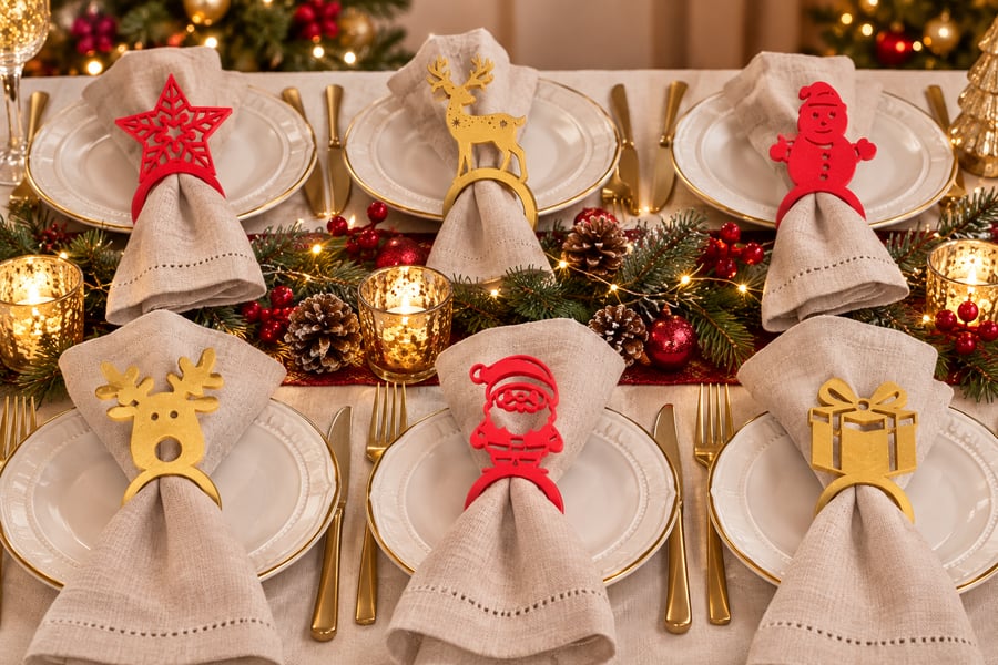 Set of 6 Christmas Napkin Rings – 3D Printed Festive Table Decor in Red or Gold 