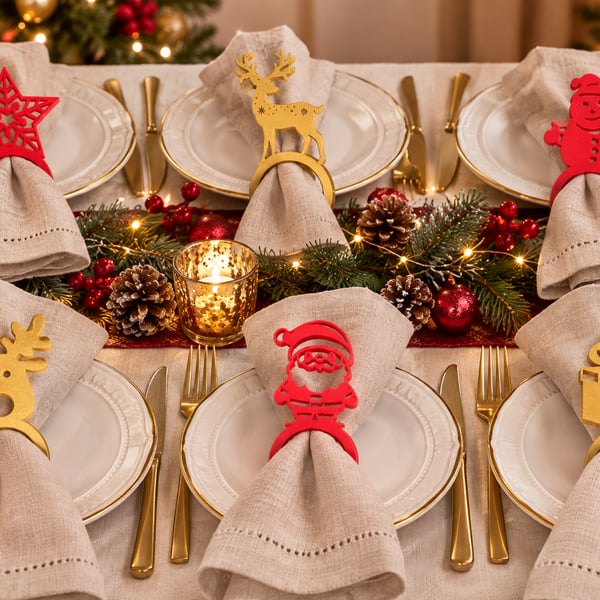 Set of 6 Christmas Napkin Rings – 3D Printed Festive Table Decor in Red or Gold 