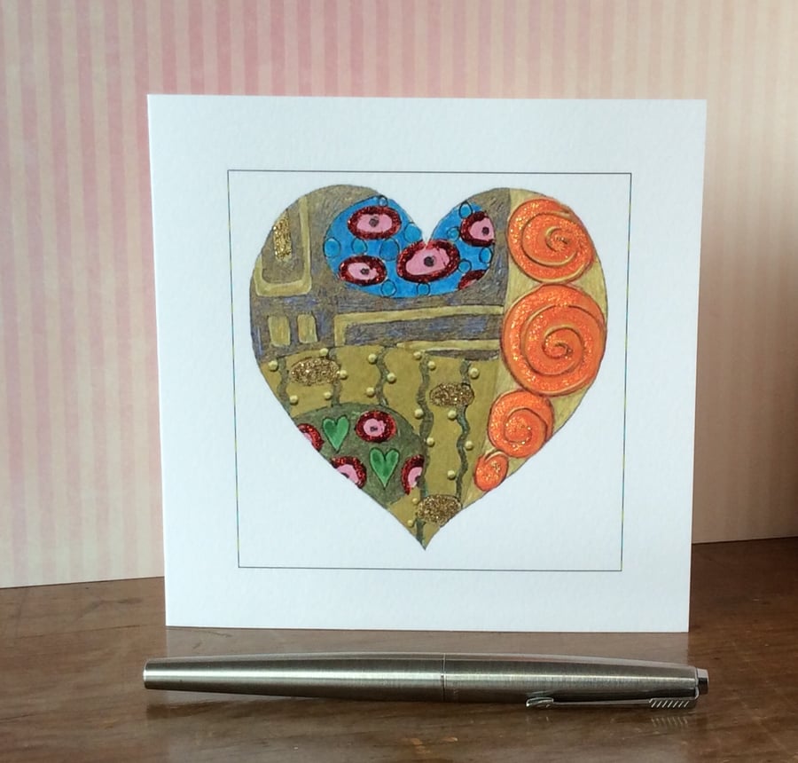 Klimt inspired petterned heart Art Card. 