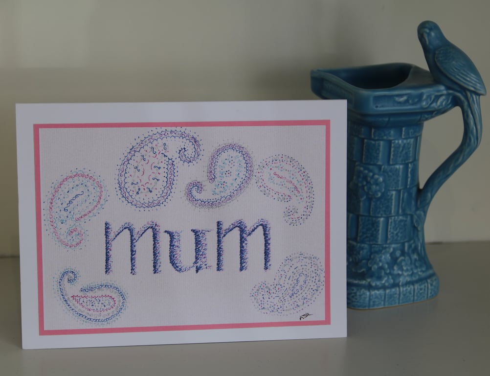 Mum birthday card with paisley pattern motifs, 8x6" card & envelope