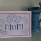 Mum birthday card with paisley pattern motifs, 8x6" card & envelope