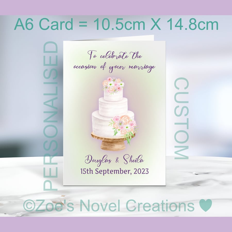 Wedding Cake Greetings Card, personalised, A6 10.5cm x 14.8cm