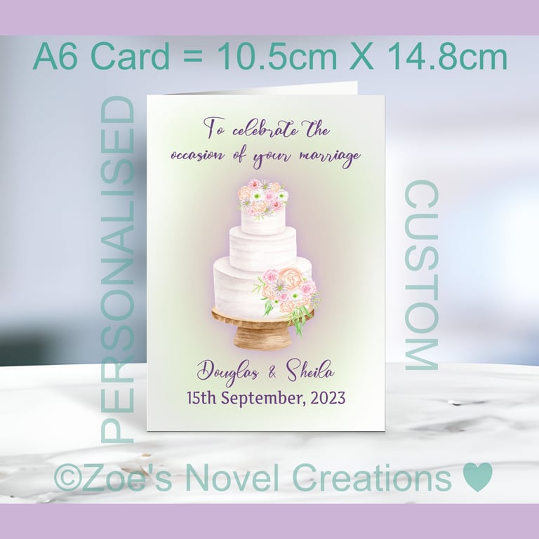 Wedding Cake Greetings Card, personalised, A6 10.5cm x 14.8cm