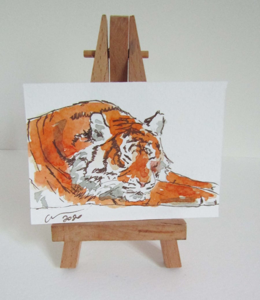 ACEO Animal Art Resting Tiger Original Watercolour Ink Painting OOAK 