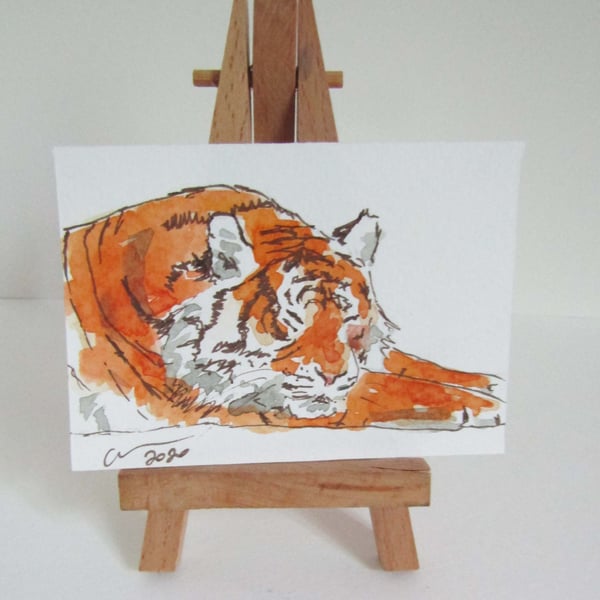 ACEO Animal Art Resting Tiger Original Watercolour Ink Painting OOAK 