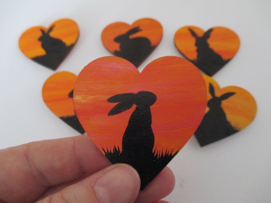 Fridge Magnet Bunny Rabbit Silhouette Sunset Sky Original Painting Heart Wooden