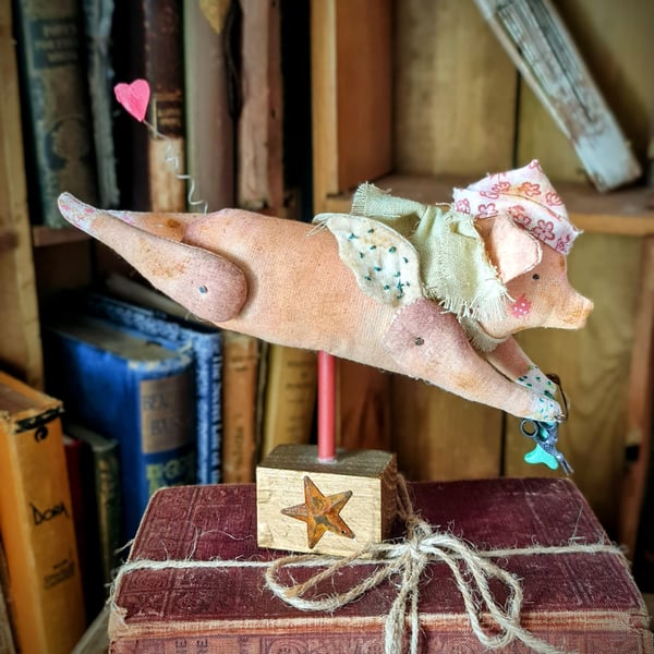 Handmade rustic textile art flying piggy