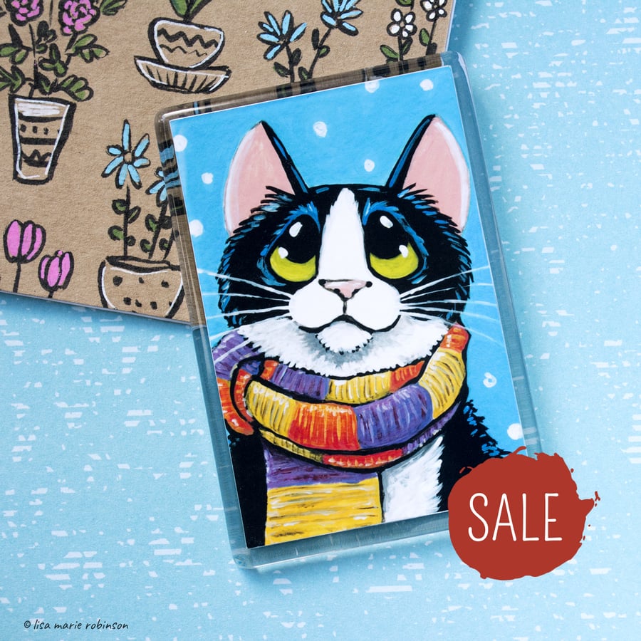 SALE - Tuxedo Cat Winter Scarf Fridge Magnet - Jumbo