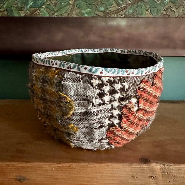 Storage Decorative Bowl, Hand Stitched in Oak Leaf Shaped Tweeds & other fabrics