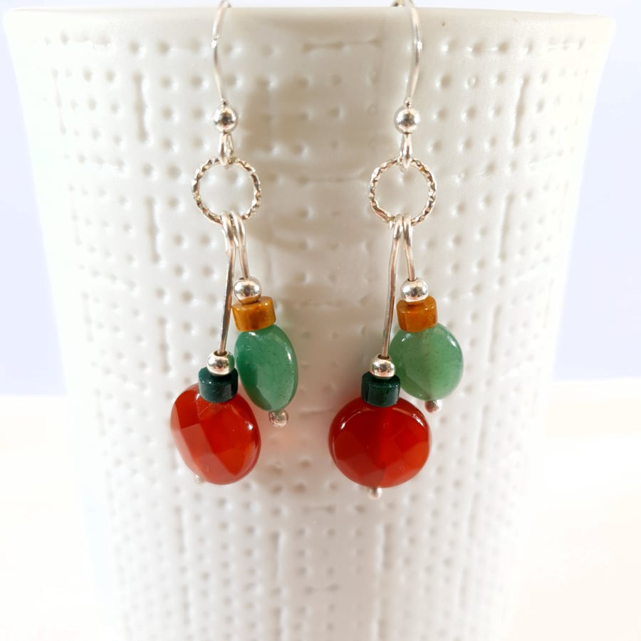 Colourful Gemstone Earrings Sterling Silver, Carnelian, Aventurine, Agate