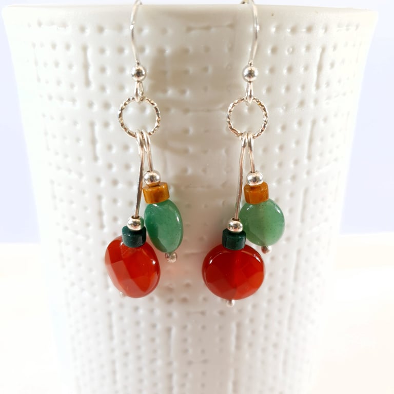 Colourful Gemstone Earrings Sterling Silver, Carnelian, Aventurine, Agate