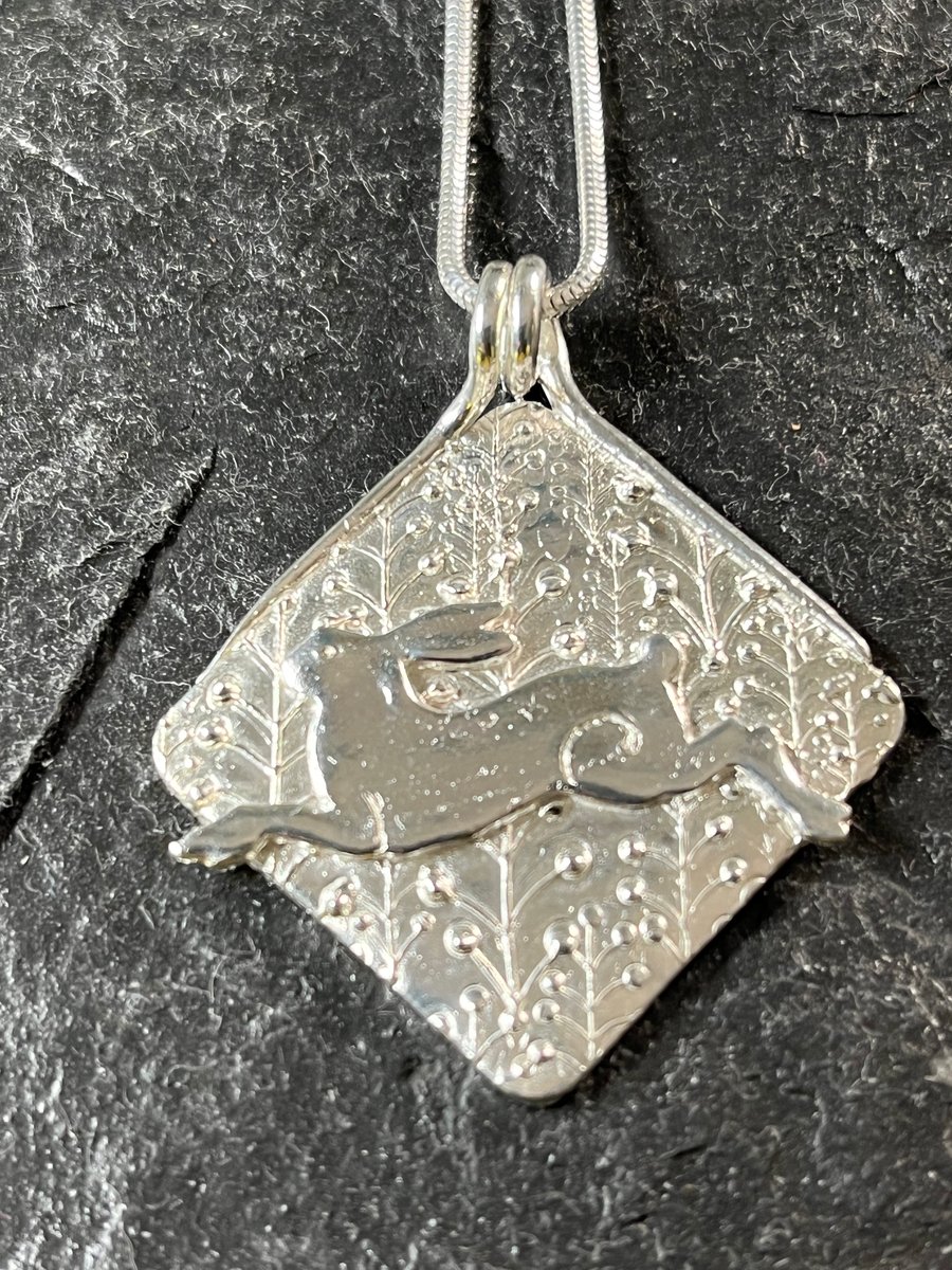 Handmade Fine Silver Running Hare Pendant - FREE UK DELIVERY