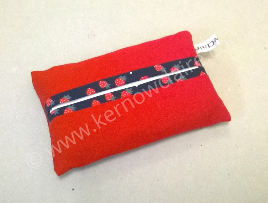 Tissue holder in red with navy with strawberries, tissues included