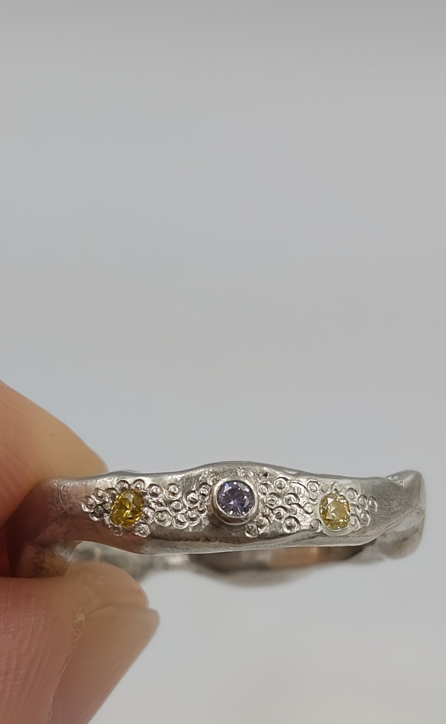 Hand Forged Sterling Silver Ring – Molten Texture, Purple & Yellow CZ 