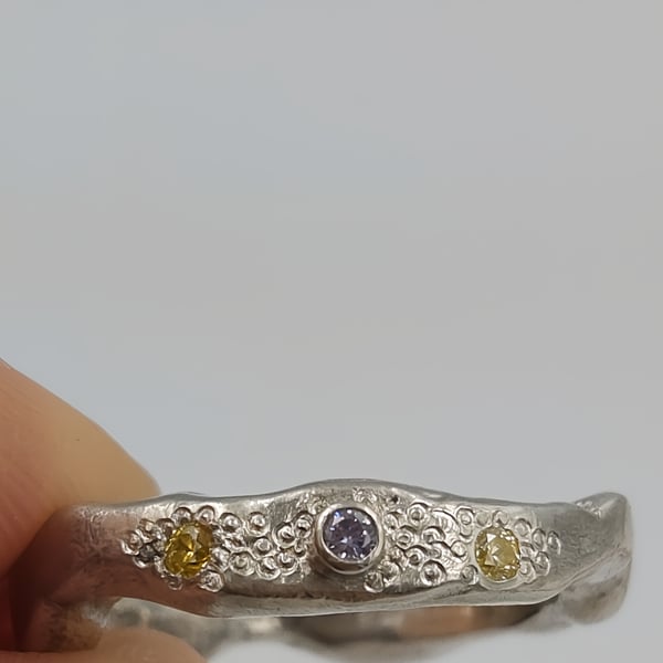 Hand Forged Sterling Silver Ring – Molten Texture, Purple & Yellow CZ 