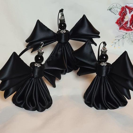 Set of 3 Gorgeous Black Ribbon Angels