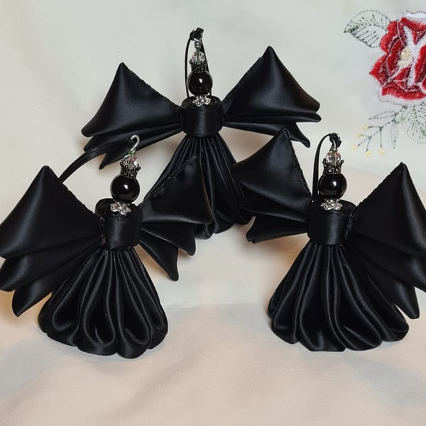 Set of 3 Gorgeous Black Ribbon Angels