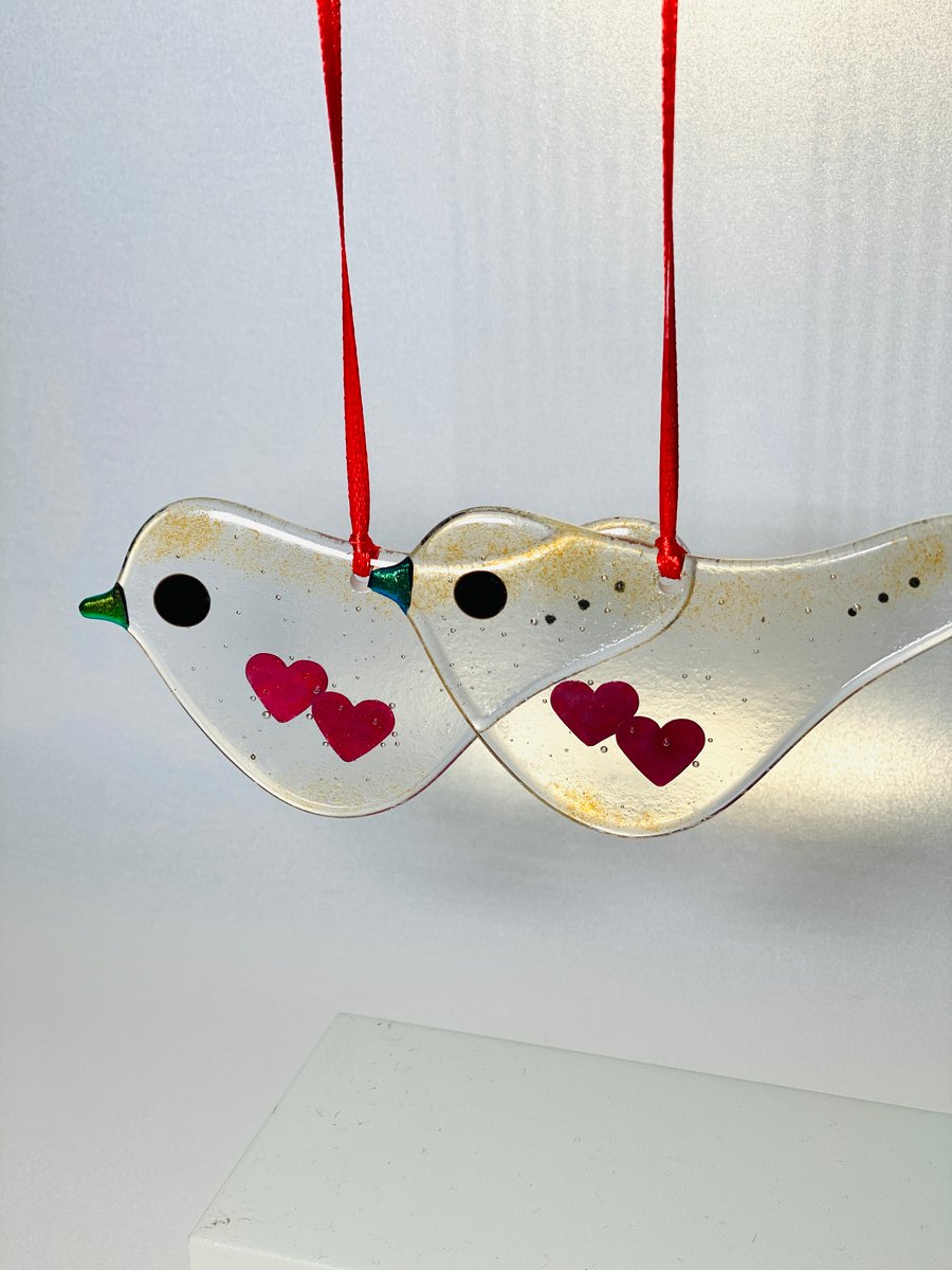 Fused glass hanging love bird decoration - glass bird