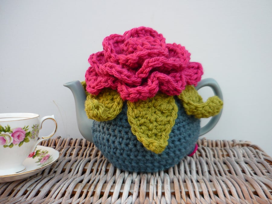 Novelty Tea Cosy with Large Blooming Crochet Flower On Top Granny Chic