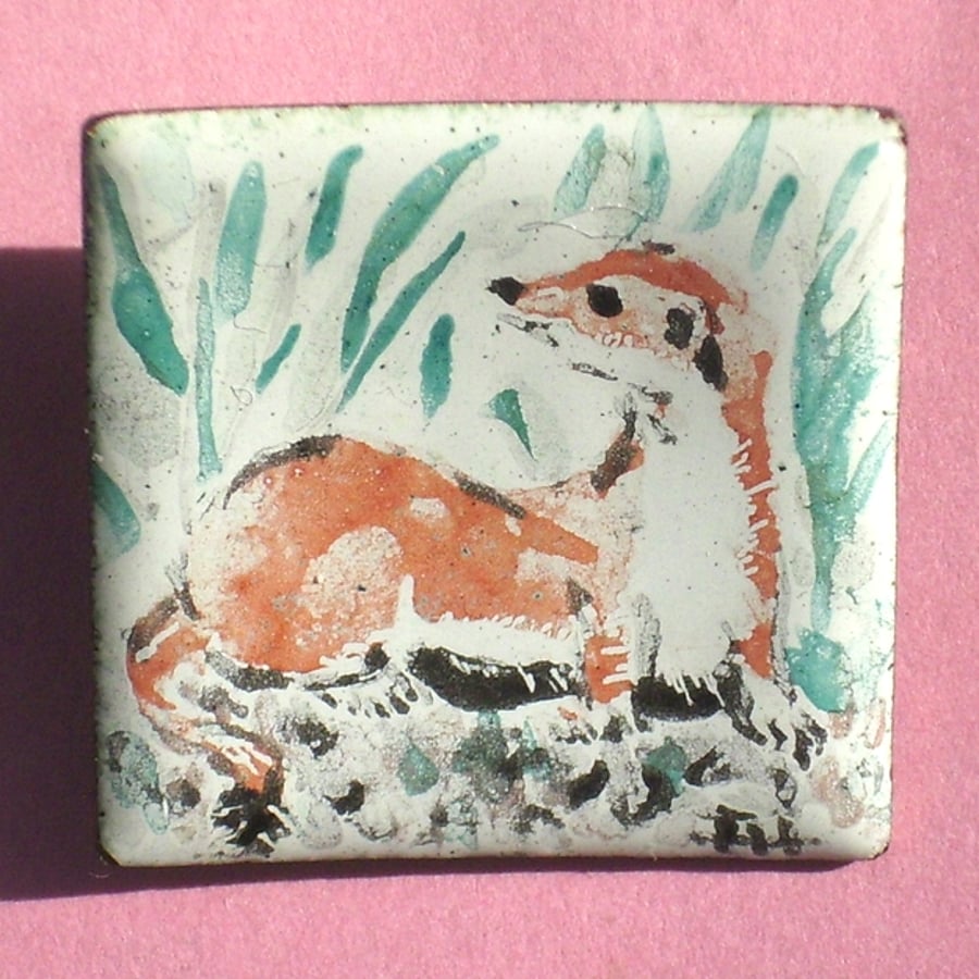 painted enamel brooch - British Wildlife - weasel