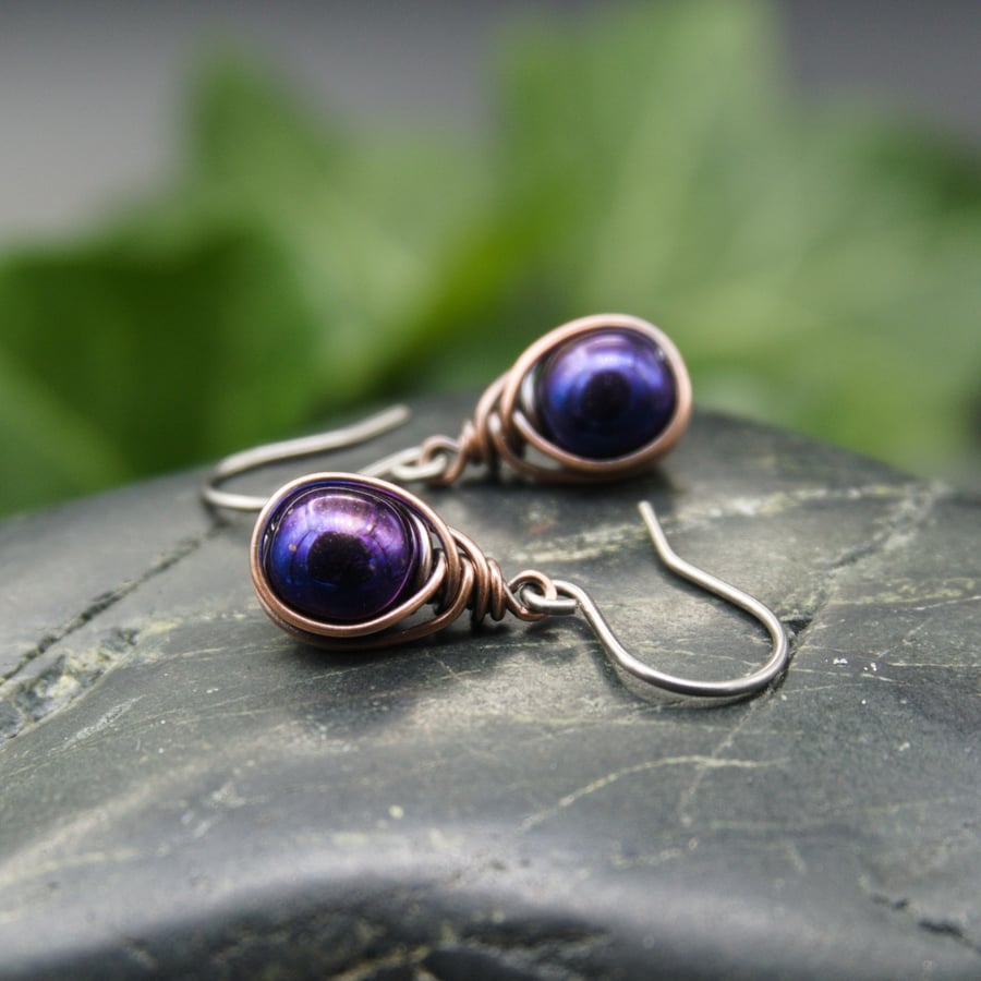 Copper Wire Wrapped Metallic Purple-Blue Scarab Earrings