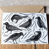 Crows doing tricks blank lino print card 