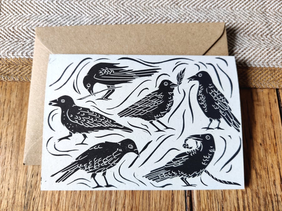 Crows doing tricks blank lino print card 