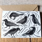 Crows doing tricks blank lino print card 