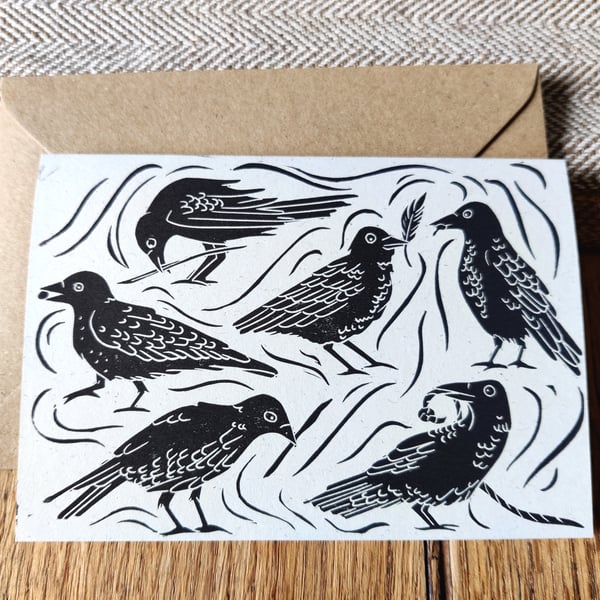 Crows doing tricks blank lino print card 