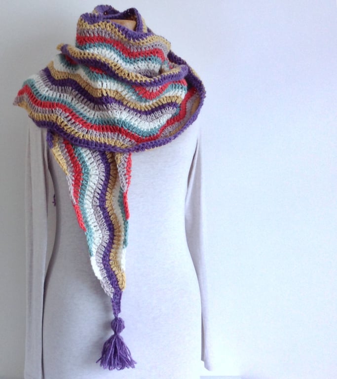 SCARF .Fine wool blend  . ' Autumn' .Unique .Crochet . Multicoloured.