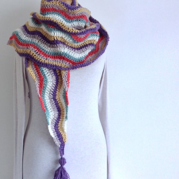 SCARF .Fine wool blend  . ' Autumn' .Unique .Crochet . Multicoloured.