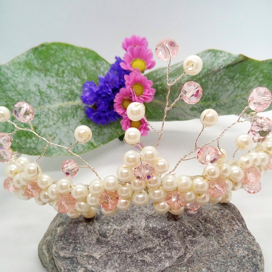 Cream Pearl & Pink Crystal Floral Tiara, Prom Night Tiara, Beaded Hair Accessory