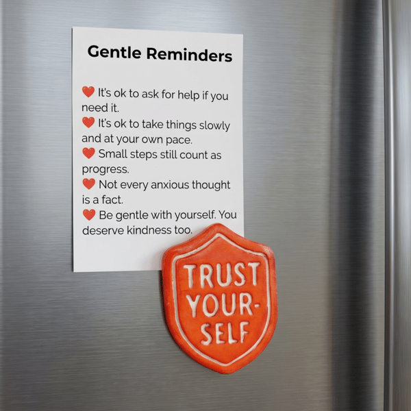 Trust Yourself handmade red fridge magnet with A7 Gentle Reminders card