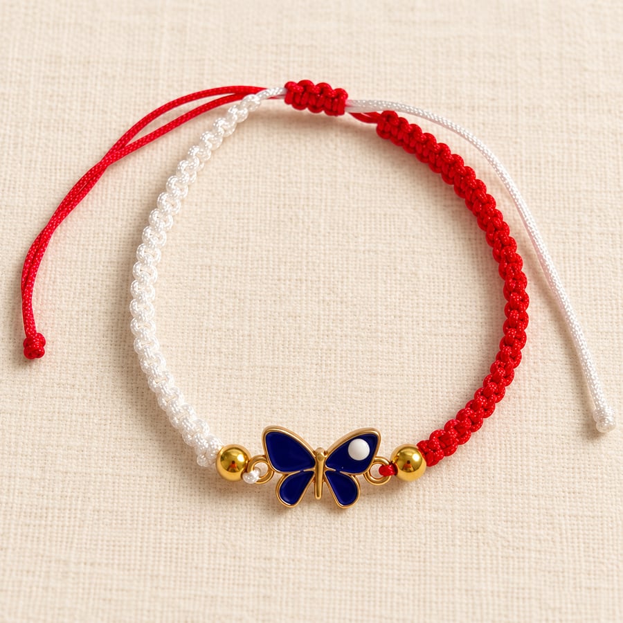 Red and White Macramé Bracelet with Blue Butterfly – Adjustable