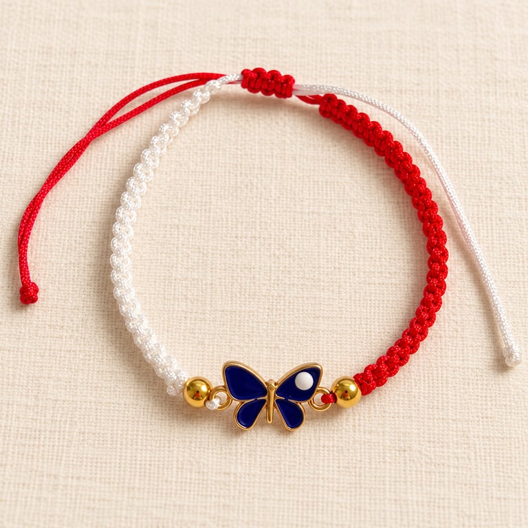 Red and White Macramé Bracelet with Blue Butterfly – Adjustable