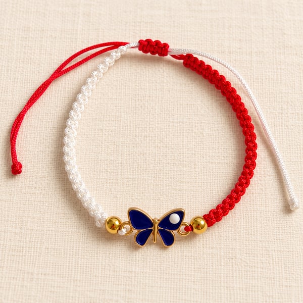 Red and White Macramé Bracelet with Blue Butterfly – Adjustable