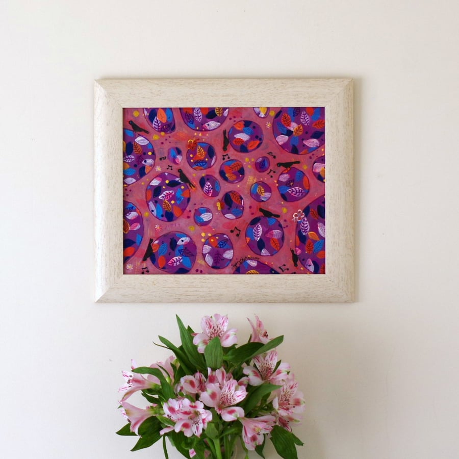 Sale - Pink Artwork for Girls' Room, Naive Artwork with Black Birds Framed