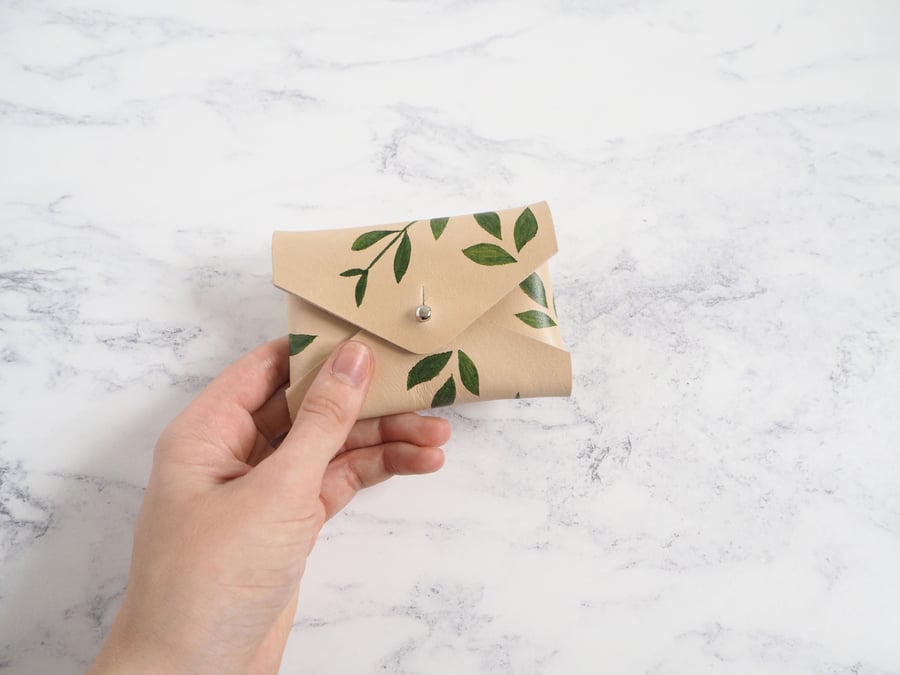 Small Leather Coin Purse, Card Holder Botanical Design