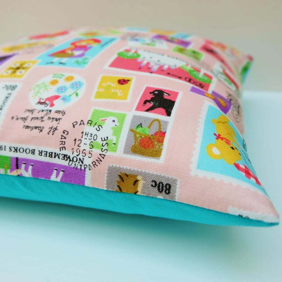 SALE Kawaii Stamps Pink Cushion, Japanese Fabric Children's Small Pillow